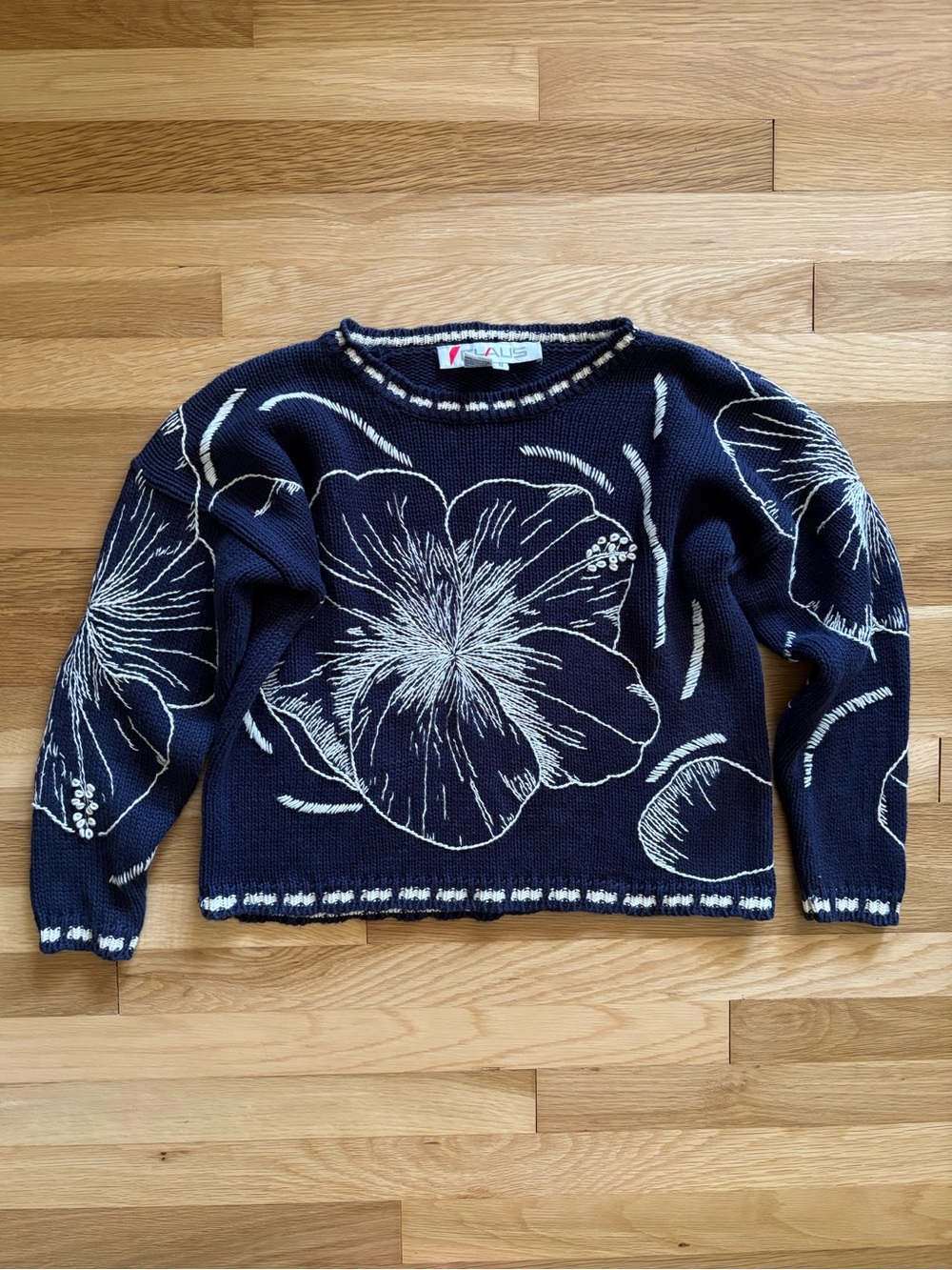 Vintage Chaus Navy Floral and White Sweater - Cotton and Ramie - Size Small